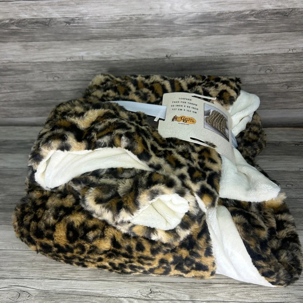 Cracker Barrel Leopard Print Faux Fur Throw Blanket Brown Beige 50x60